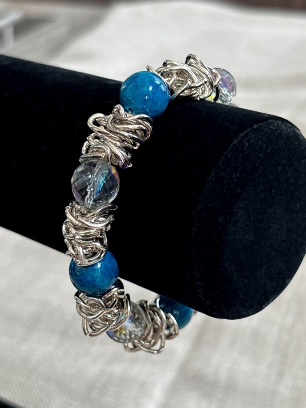 Handmade Blue Beaded Bracelet Artisan Wire Wrapped Stretch Bracelet Ontario Jewe